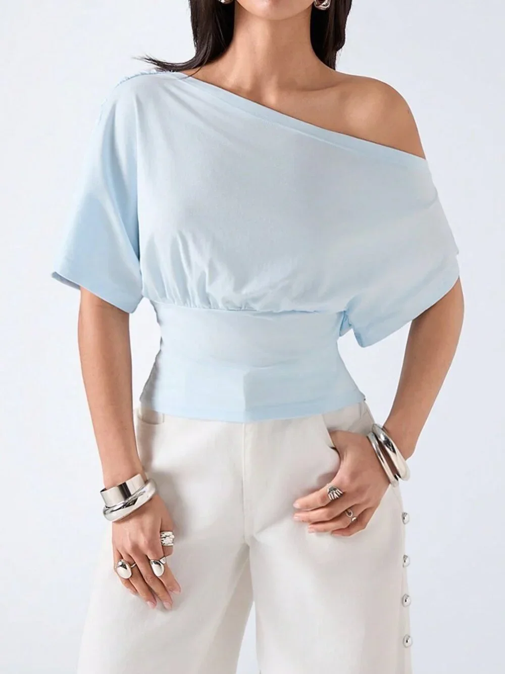Mint Blue Casual Women's Lace Patchwork Ruffle T-Shirt